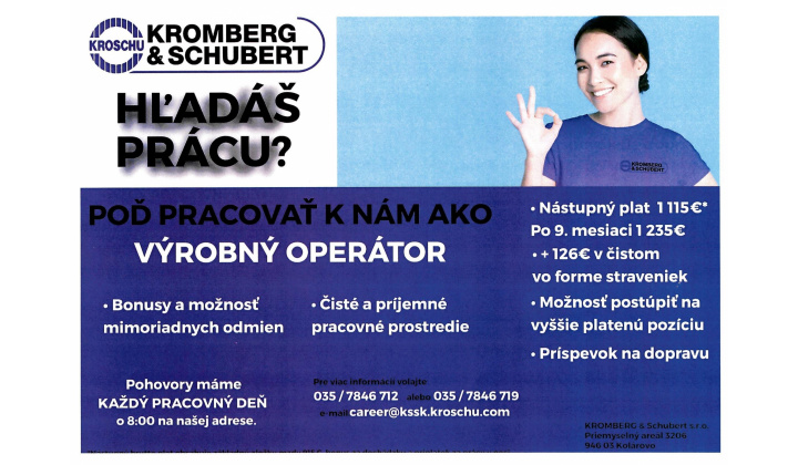 Fotka pre článok Pracovná ponuka od KROMBERG&SCHUBERT