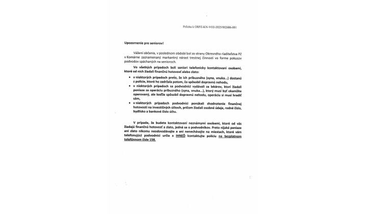 Fotka pre článok Upozornenie pre seniorov