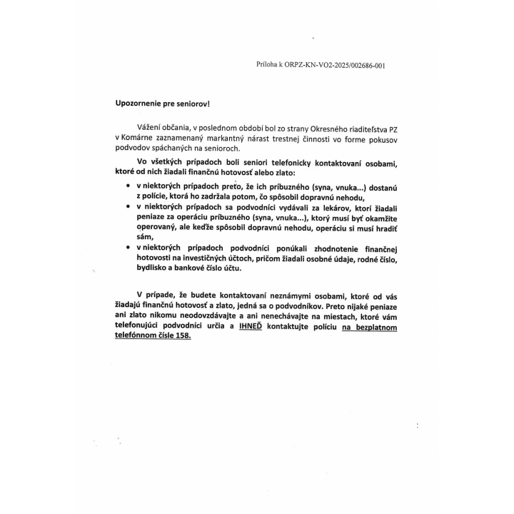 Menšia fotka pre článok Upozornenie pre seniorov