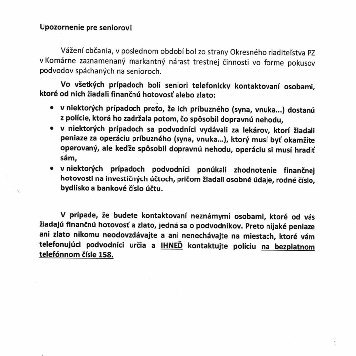 Upozornenie pre seniorov