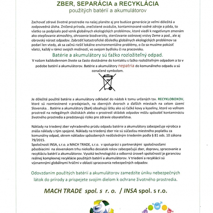 ZBER, SEPARÁCIA a RECYKLÁCIA použitých batérií a akumulátorov